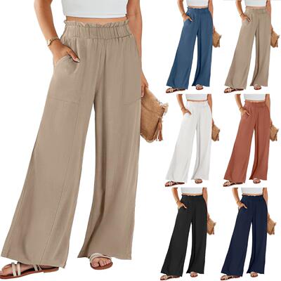 Women Linen Palazzo Pants Summer Flowy Leg Trousers Elastic