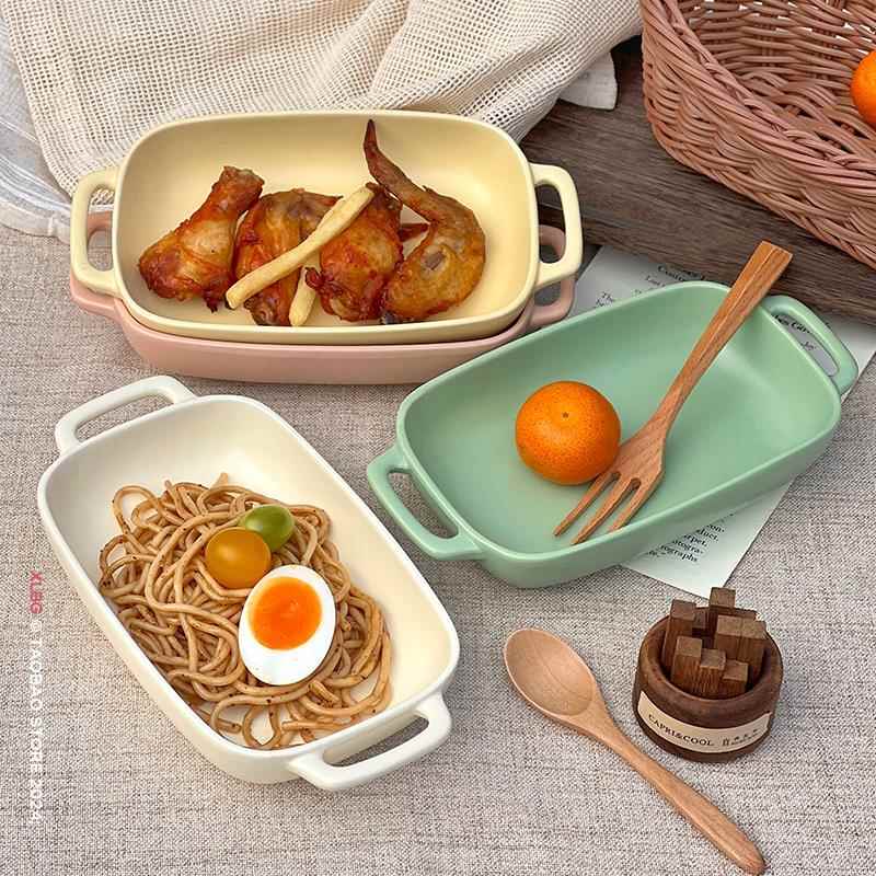 ins风奶油色烤盘陶瓷简约长方形盘子家用烤箱专用焗饭盘子碗餐具
