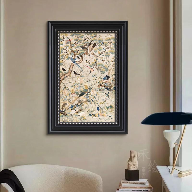 禾绘 法式复古客厅装饰画玄关中古风壁画新中式花鸟刺绣餐厅挂画图片