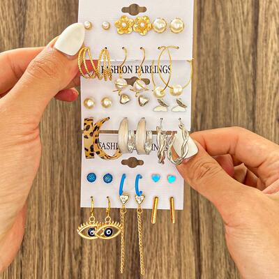 6 Pair Creative Retro Pearl Leopard print Earrings大耳圈耳环