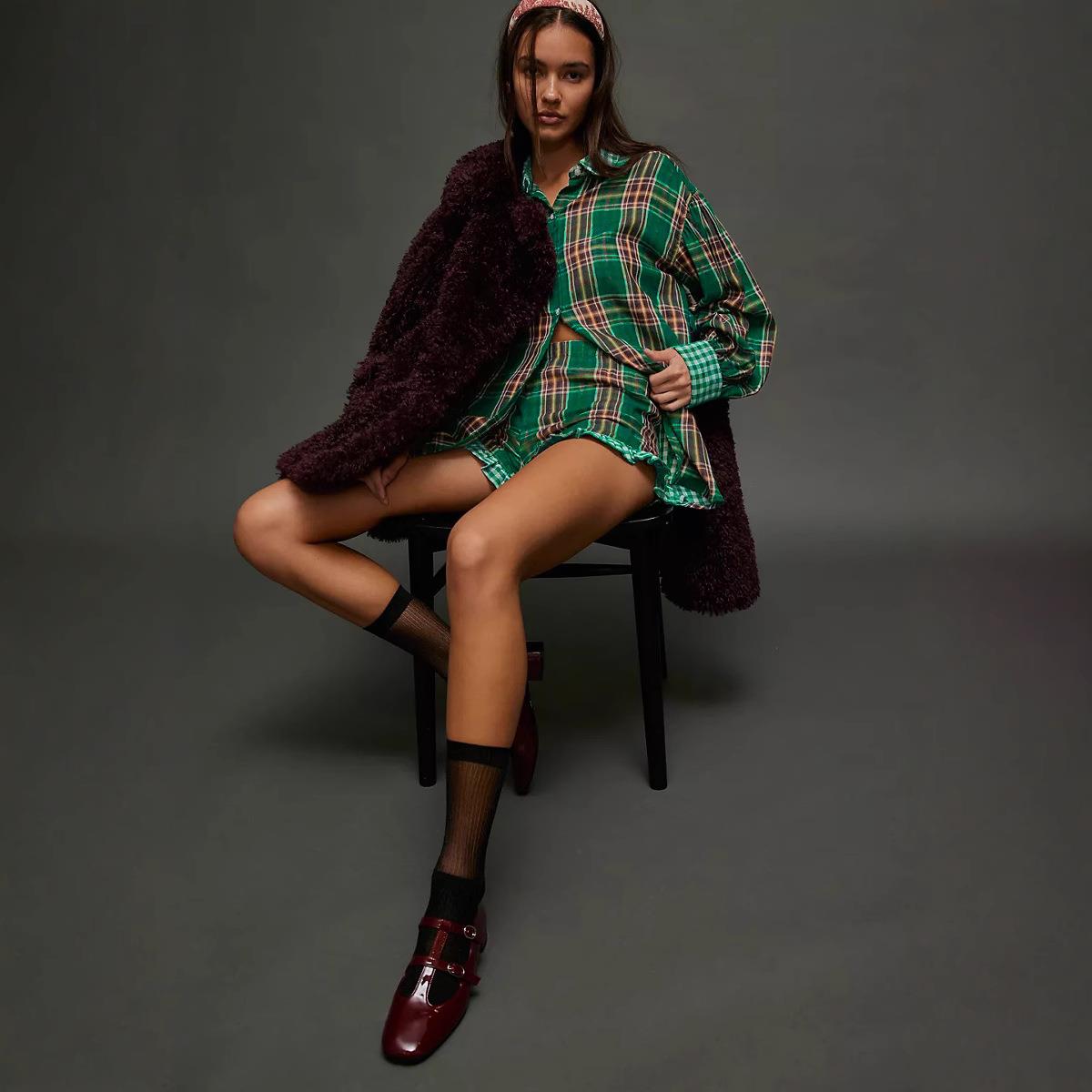 Womens Red Plaid Print Outfits Button Down Lapel Long Sleeve