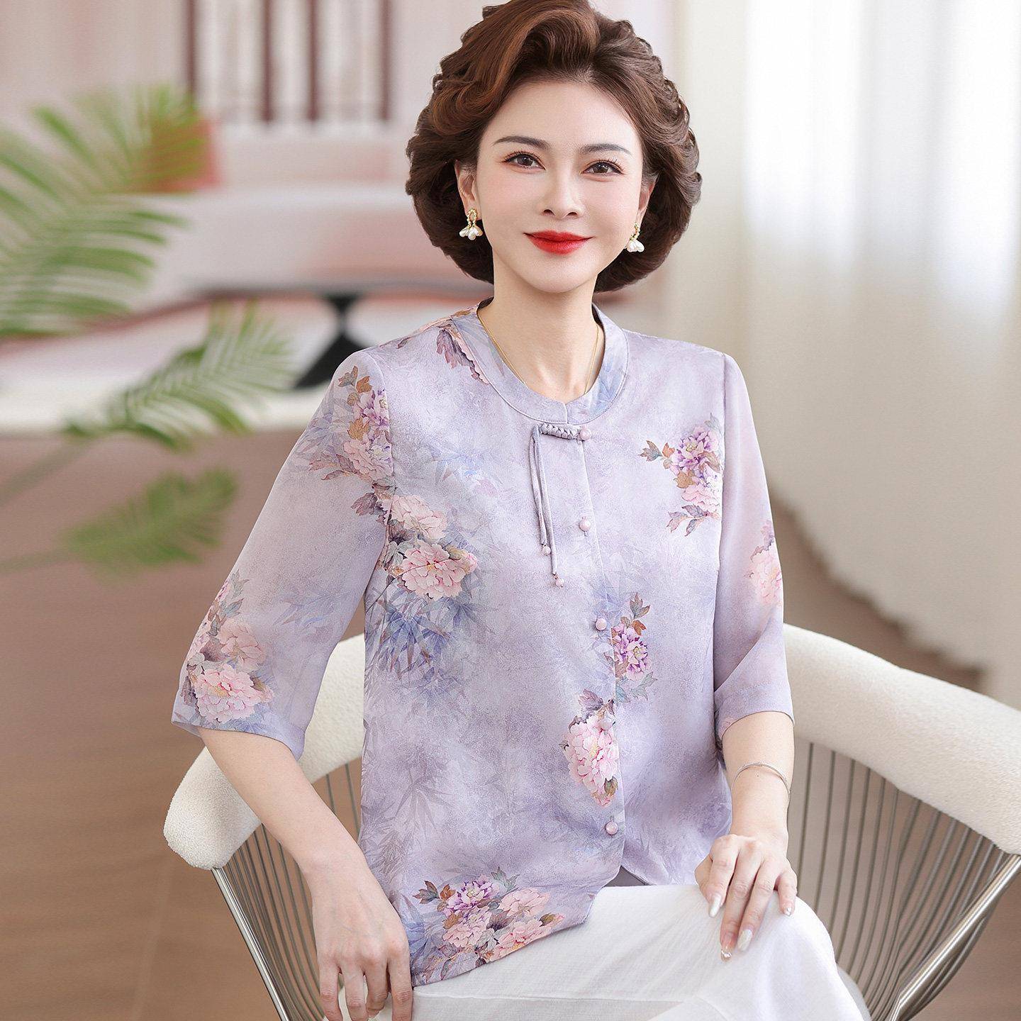 国风中年衬衫女开衫夏装桑蚕丝100%套装妈妈圆领真丝印花上衣薄款