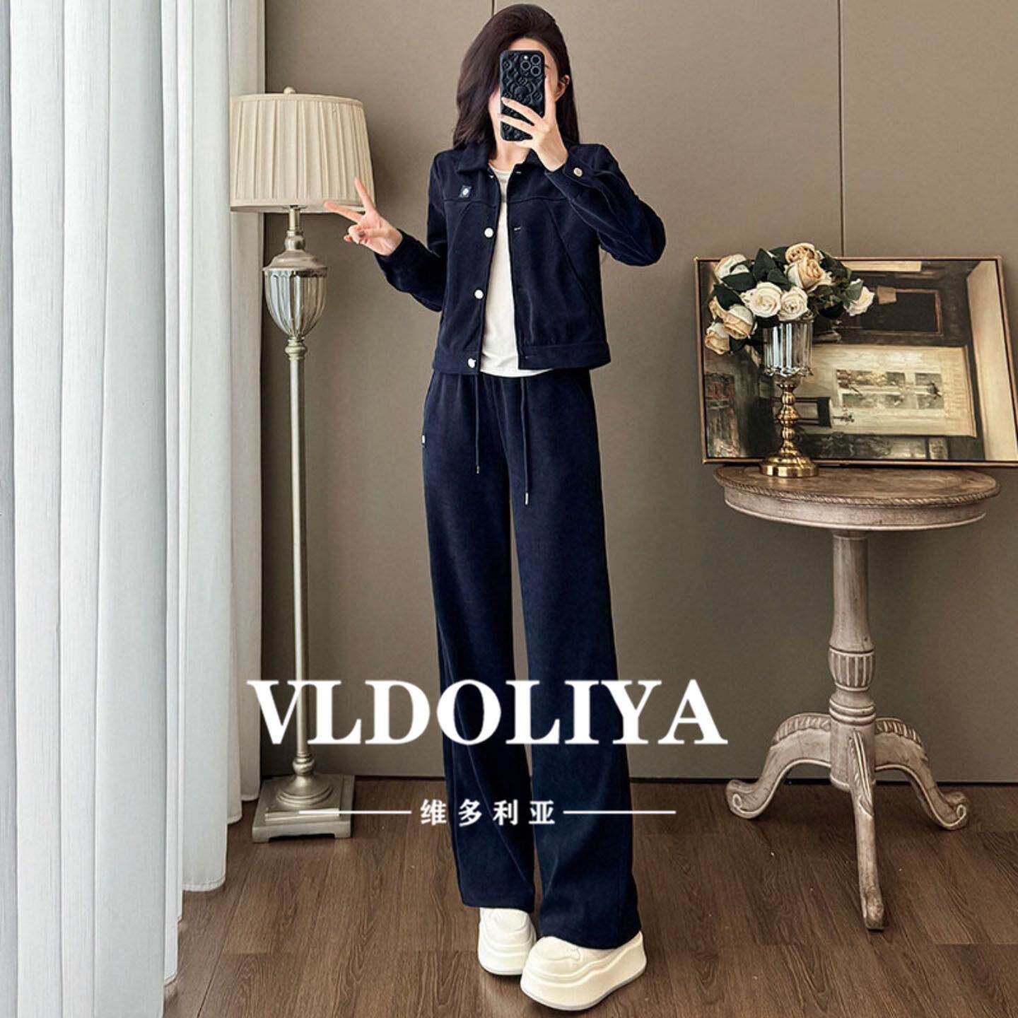 VLDOLIYA维多利亚高端休闲套装女2026新款蓝色外套高腰阔腿裤套装