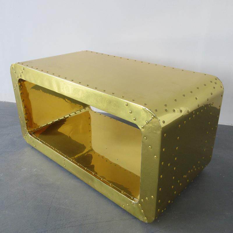 北欧设计师工业风怀旧复古中空LOFT金属铝皮箱式金色客厅茶几矮桌