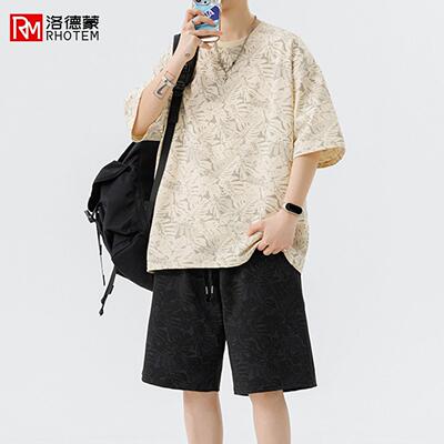 洛德蒙男士夏季薄款冰丝圆领印花宽松短袖短裤休闲运动套装两件套