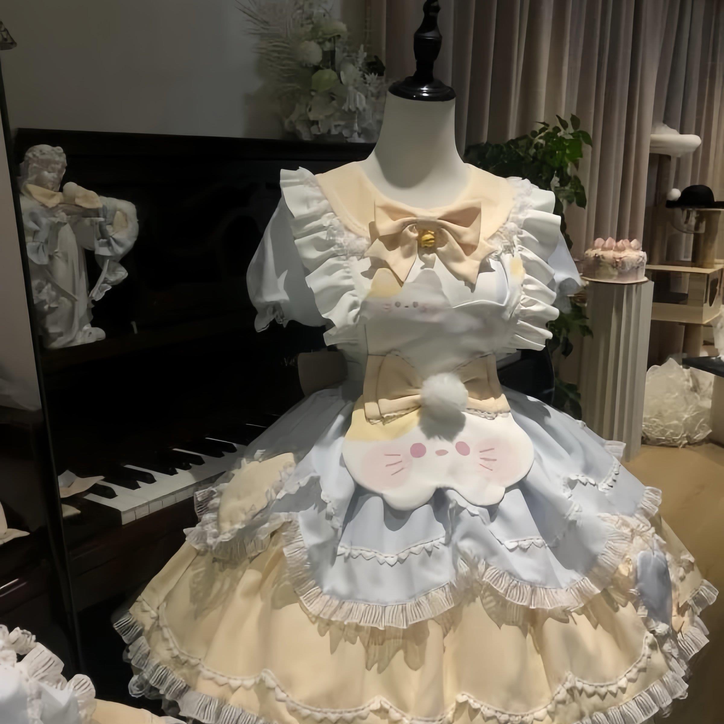 可爱甜美软萌Lolita洛丽塔蕾丝蓬蓬连衣裙蝴蝶结小猫围裙套装女夏