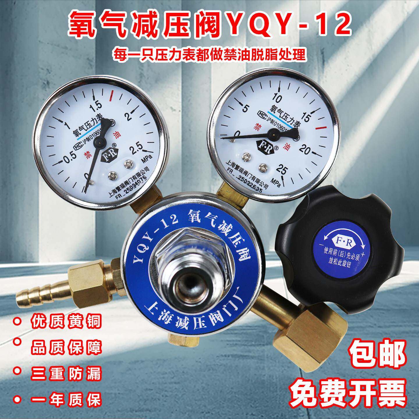 氧气减压阀YQY-12全铜气体减压器双头40升钢瓶双表压力表mpa繁瑞
