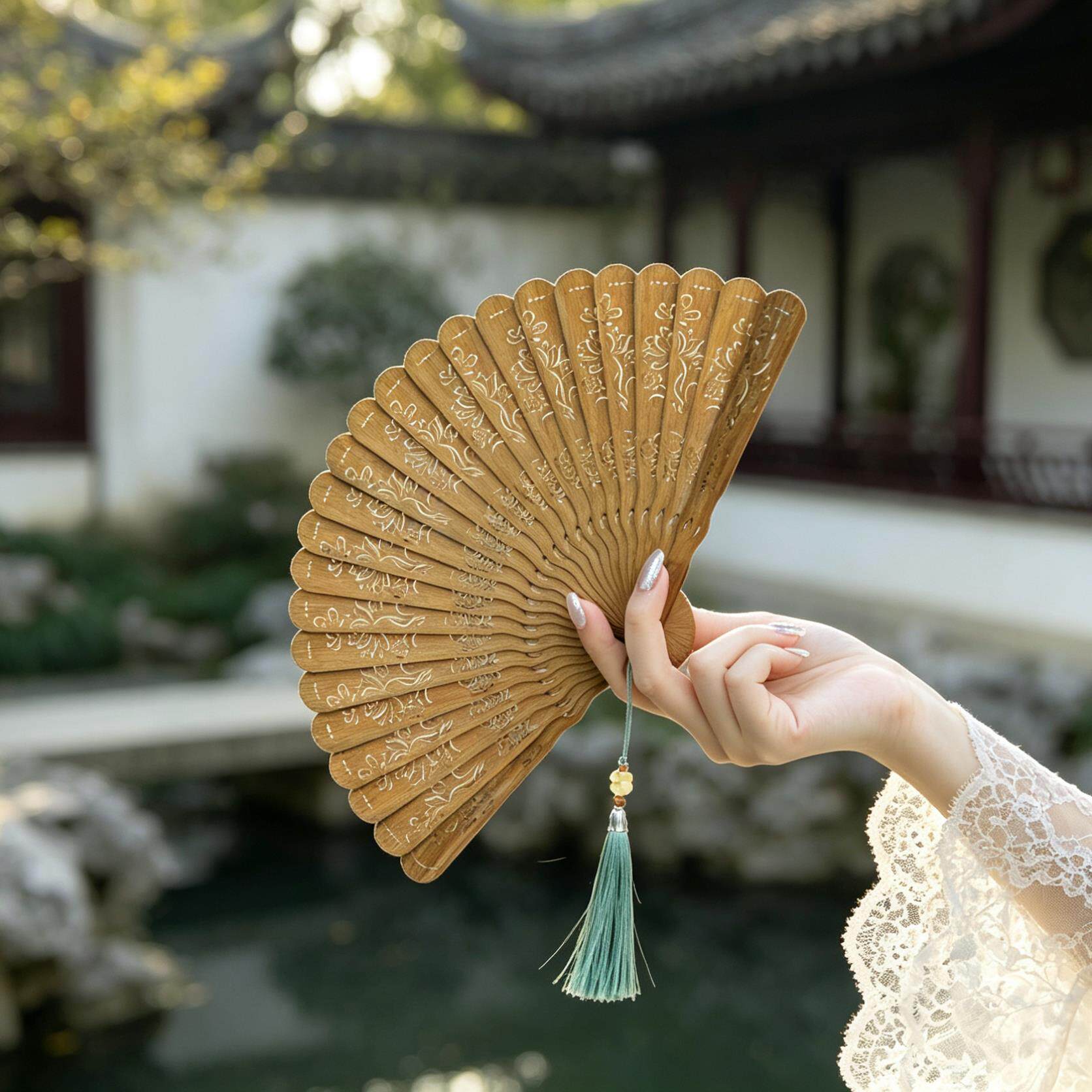 新款绿檀精品镂空扇 扇子中国风工艺扇古风拍照旅游折扇新中式