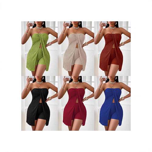 Women'S Textured Fabric Knot Front Slit Shorts Set,, Fashion