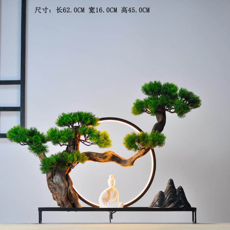 新中式家居灯件饰摆山沙盘根Mg0087雕迎客松盆景玄假客厅关办公室