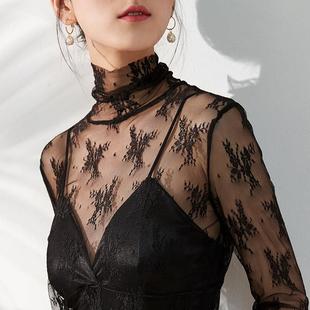 纱衣长袖 黑色高端薄款 蕾丝上衣1219e 女高级新款 高领网纱打底衫