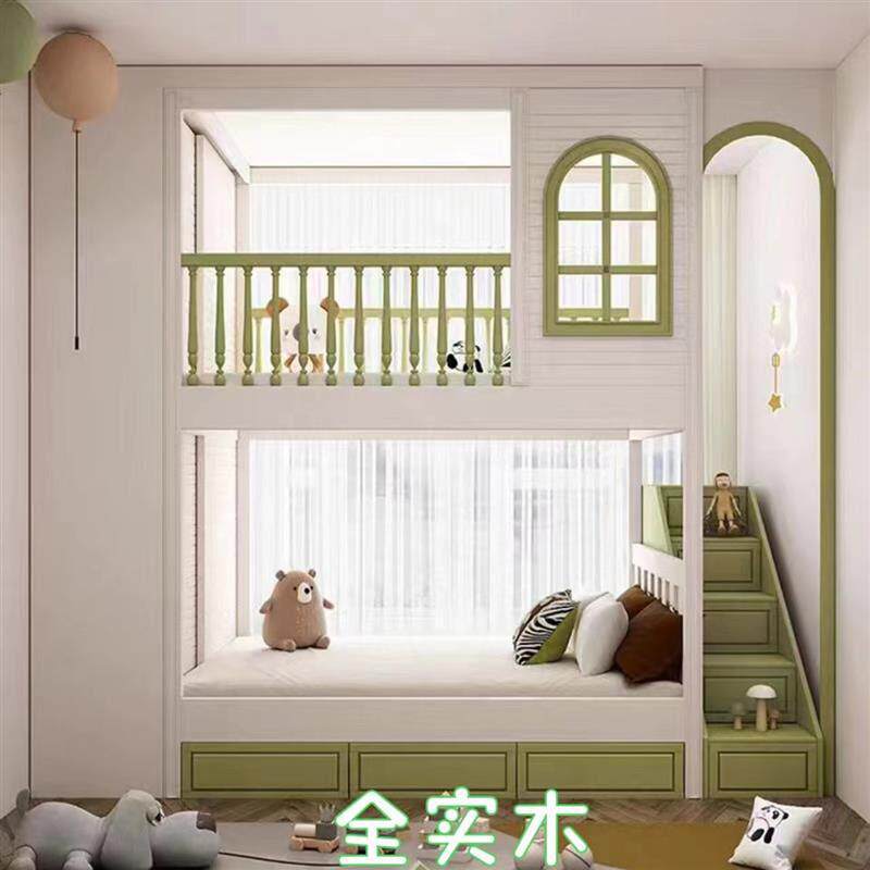 北欧轻奢儿童树屋床小户型双层实木高低上下床多功能衣柜组合城堡