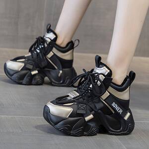 韩国潮牌2025冬款加绒厚底内增高运动鞋女真皮休闲 老爹鞋高跟鞋