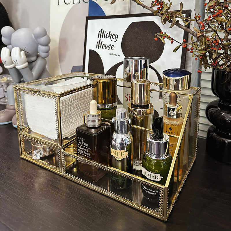 轻奢护肤品收纳盒美妆桌面客厅遥控器纸巾盒玻璃超大化妆品置物架