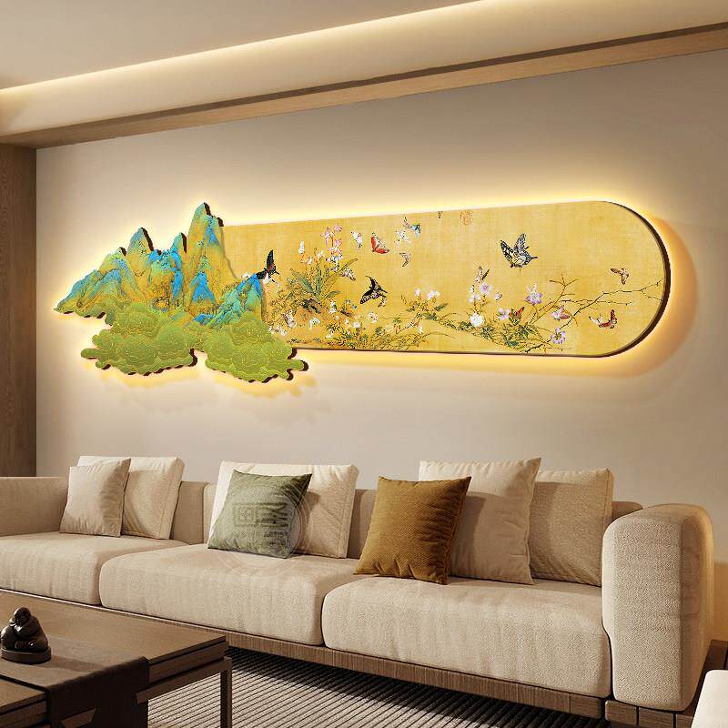 新中式千里江山图客厅装饰画九鱼图电视沙发背景墙挂画带灯光壁画