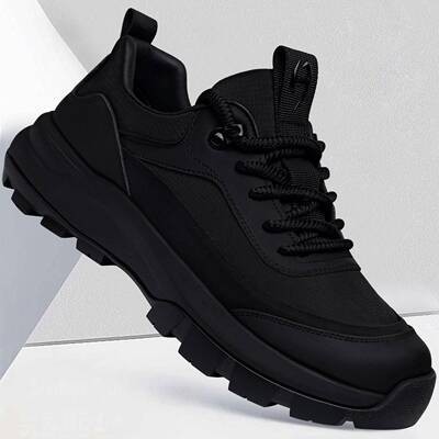 男鞋2026春季新款透气防臭百搭轻便软厚底黑色系带男士运动潮鞋子
