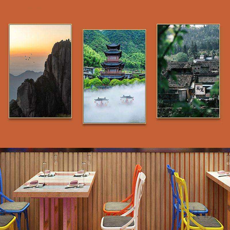 风景名胜挂画山水湖泊客厅餐厅墙面装饰画黄山衡山办公室茶室壁画