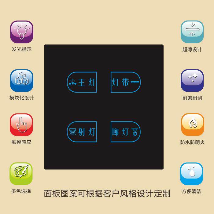 宾馆家用智能触碰式开关四开单双切220V86型触控屏幕墙壁开关面板