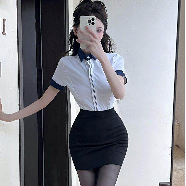 收腰白色衬衫女职业工作服套装裙包臀性感短袖衬衣秘书纯欲制服
