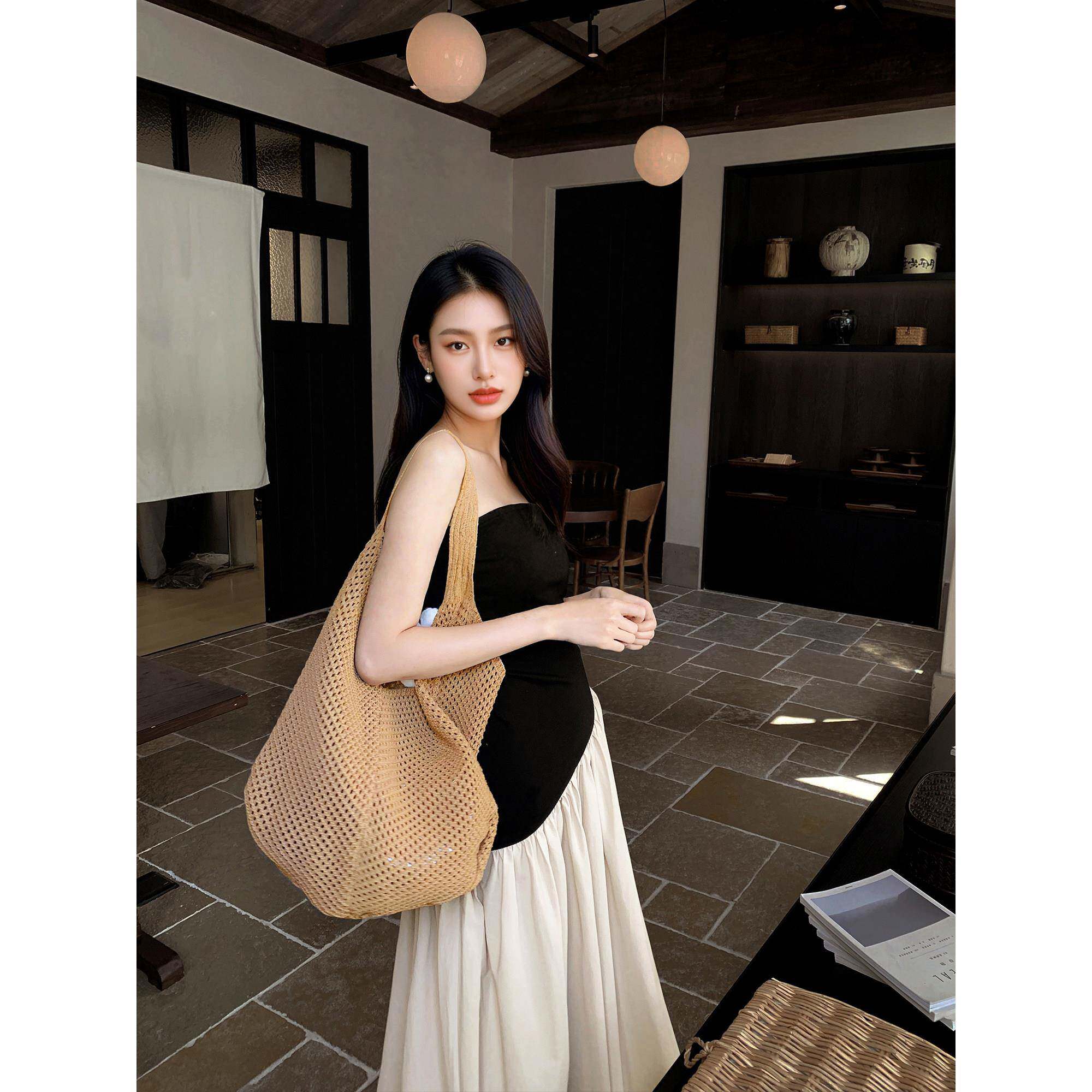 GEMQI 夏季斜裁拼色抹胸无袖连衣裙子女2025新款今年流行爆款长裙