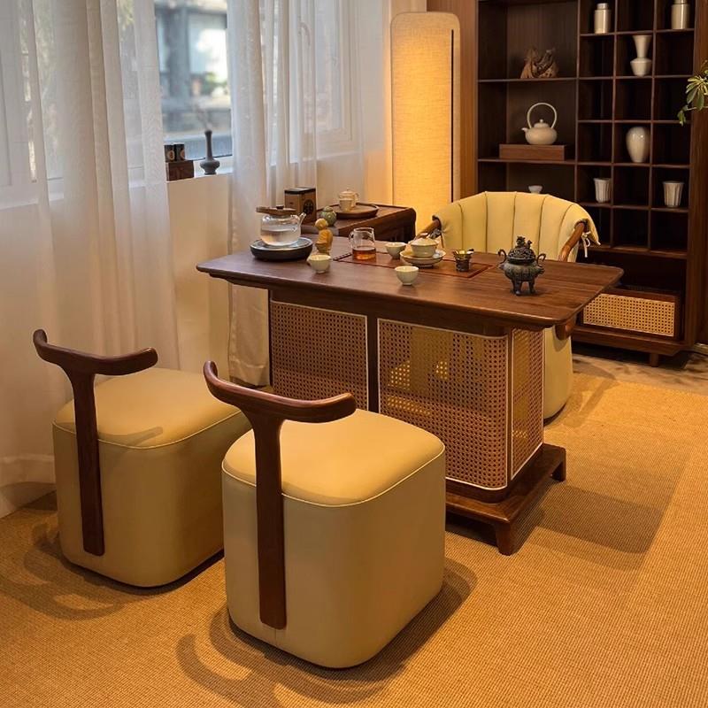 需定制新中式阳台茶桌2025新款高端小型家用藤编茶台办公室胡桃木
