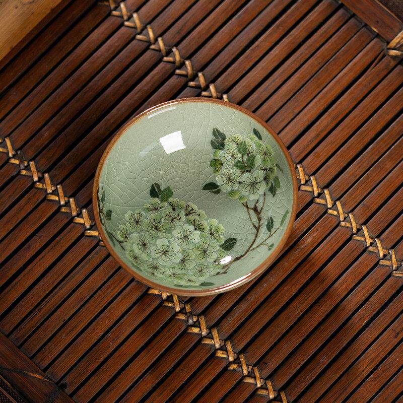 老陶泥釉下彩手绘绣球花主人杯景德镇陶瓷功夫茶杯带内画 画精致