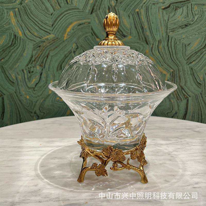 欧式全铜水晶玻璃带盖小果盘糖果盒首饰盒美式茶几装饰罐收纳盒