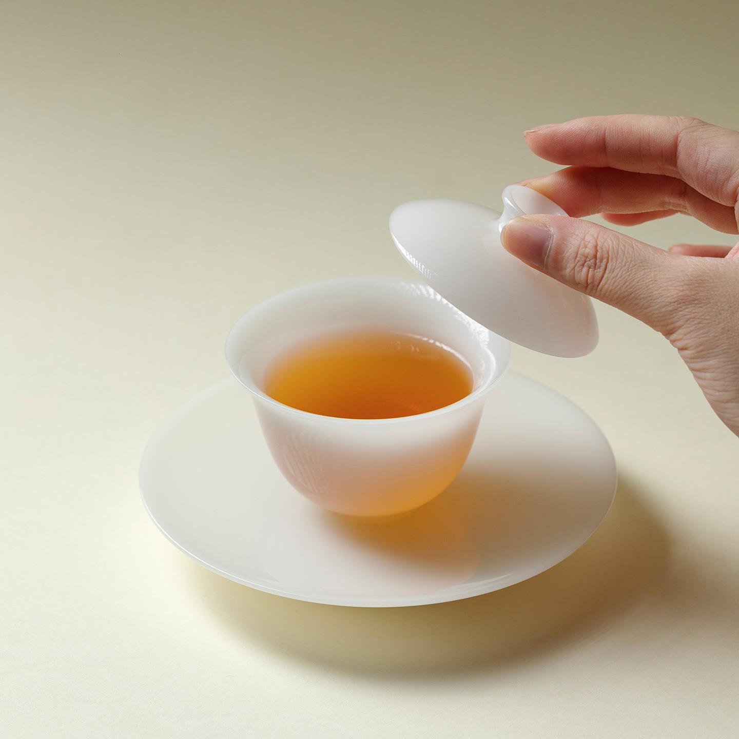 束刻 冰种璞玉薄胎三才盖碗高档中国白瓷泡茶碗精致沏茶碗茶具