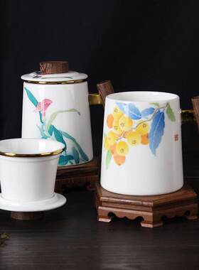 国潮京剧脸谱陶瓷杯手绘清新花卉家用办公泡茶杯鎏金陶瓷茶漏杯