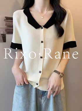 法国Rixo Rane法式设计感拼色小翻领针织衫T恤女夏百搭短袖上衣