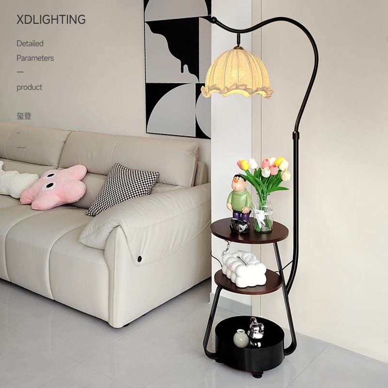 中古落地灯置物架一体美式复古客厅沙发边几氛围灯卧室床头柜台灯