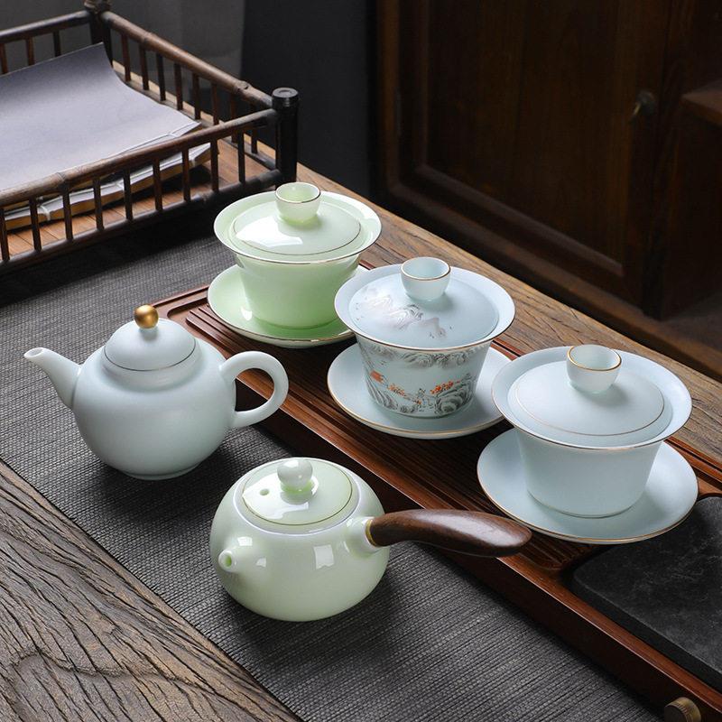 高档薄胎三才盖碗大号陶瓷茶壶金边家用泡茶碗影青瓷磨砂敬茶碗