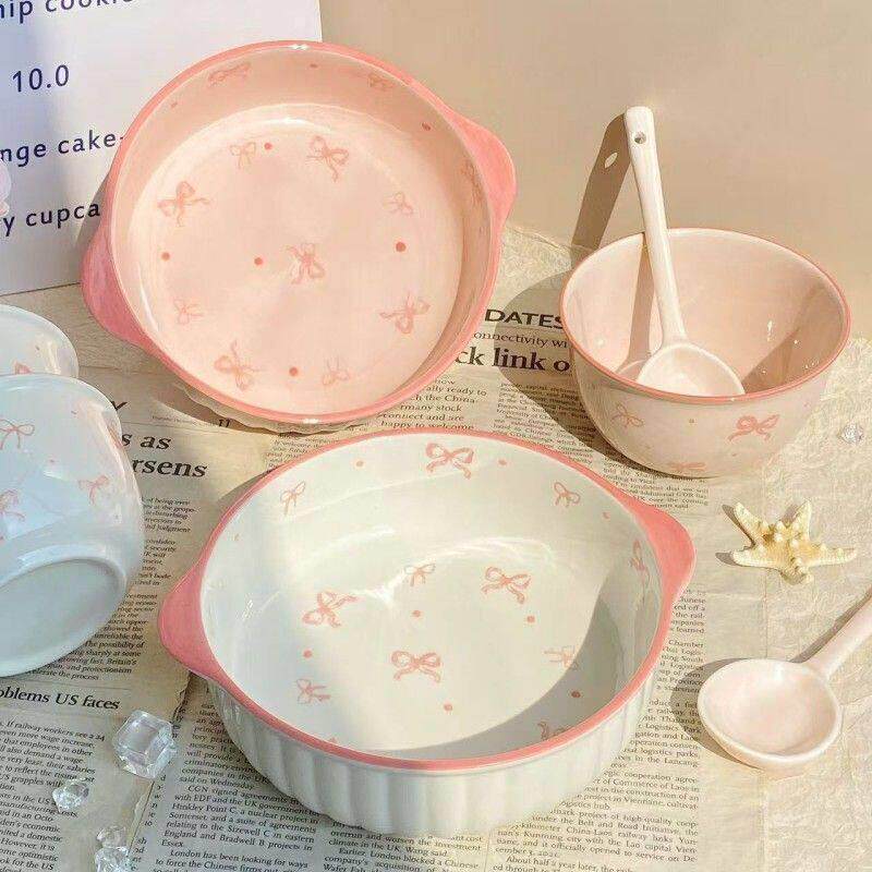 【3件套】颜值陶瓷双耳碗甜品碗家用饭碗汤碗可爱少女心大容量