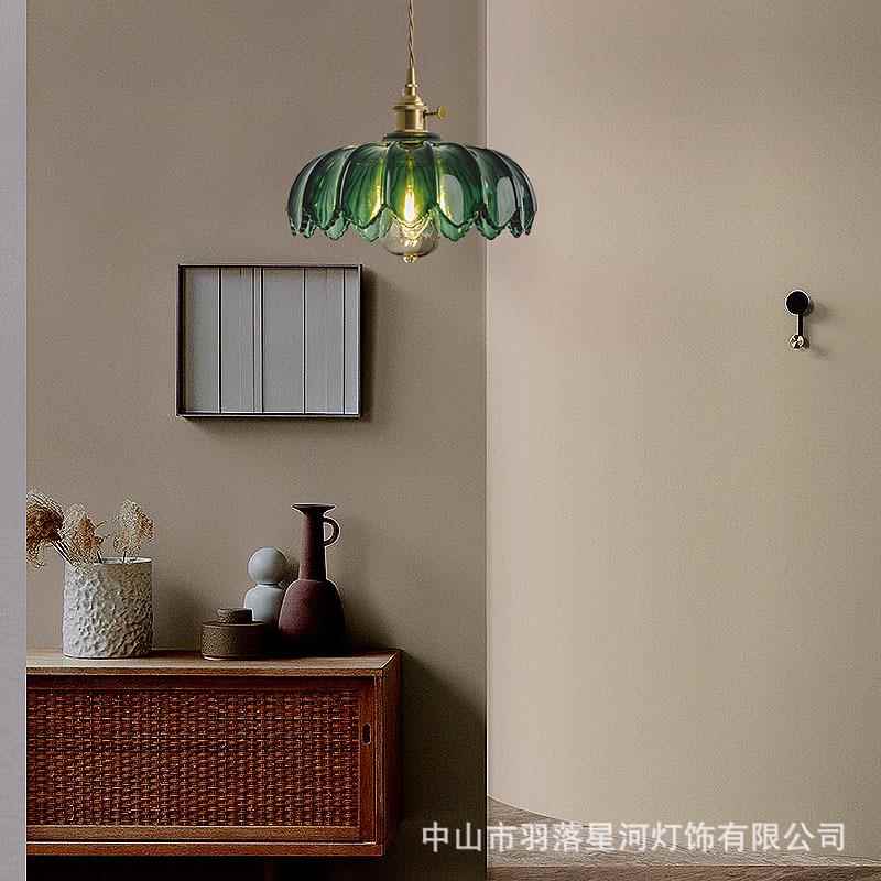 复古小吊阳212灯卧室床头道玄关餐厅台全铜玻过璃中吊线灯山灯具