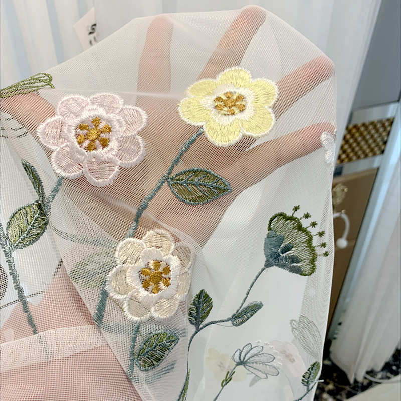 新中式田园轻奢客厅阳台绣花窗帘纱卧室书房飘窗刺绣纱帘成品