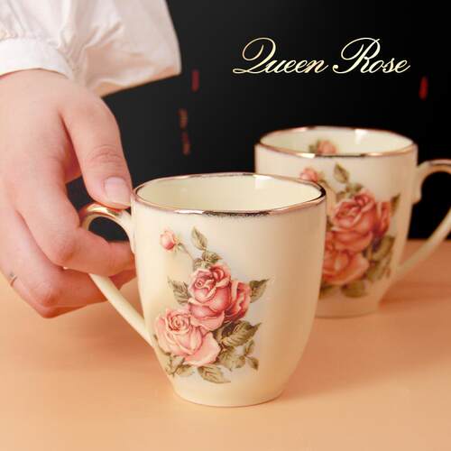 韩国进口Queen Rose水杯马克杯简约陶瓷杯子镀金边家用水杯一个装