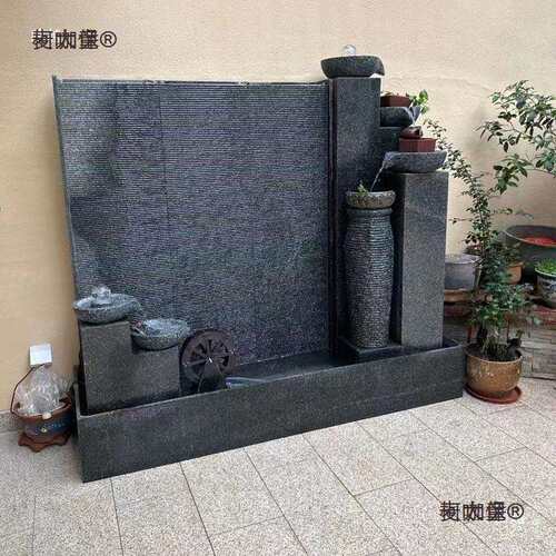 石材水幕墙流水屏风户外庭院假山瀑布景观鱼池酒店办公室背麦太保