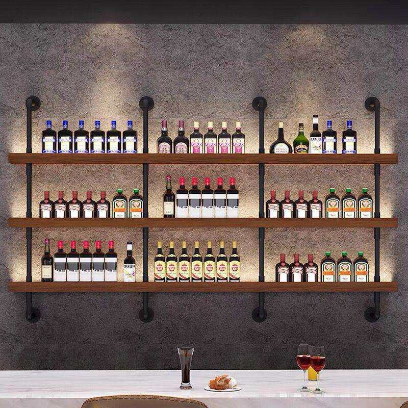 酒吧烧烤店吧台壁挂式靠墙铁艺多层实木置物架子墙上酒架餐厅KDZ