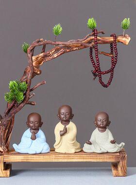 创意中式禅意根雕玄关摆件 紫砂小和尚客厅电视柜办公室软装饰品