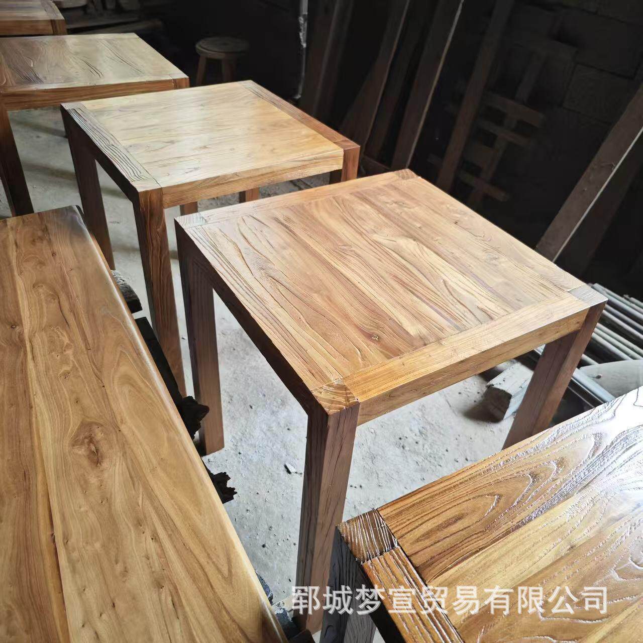 中式老榆木餐桌实木正方形八仙桌加厚办公桌椅商用餐馆吃饭桌茶桌