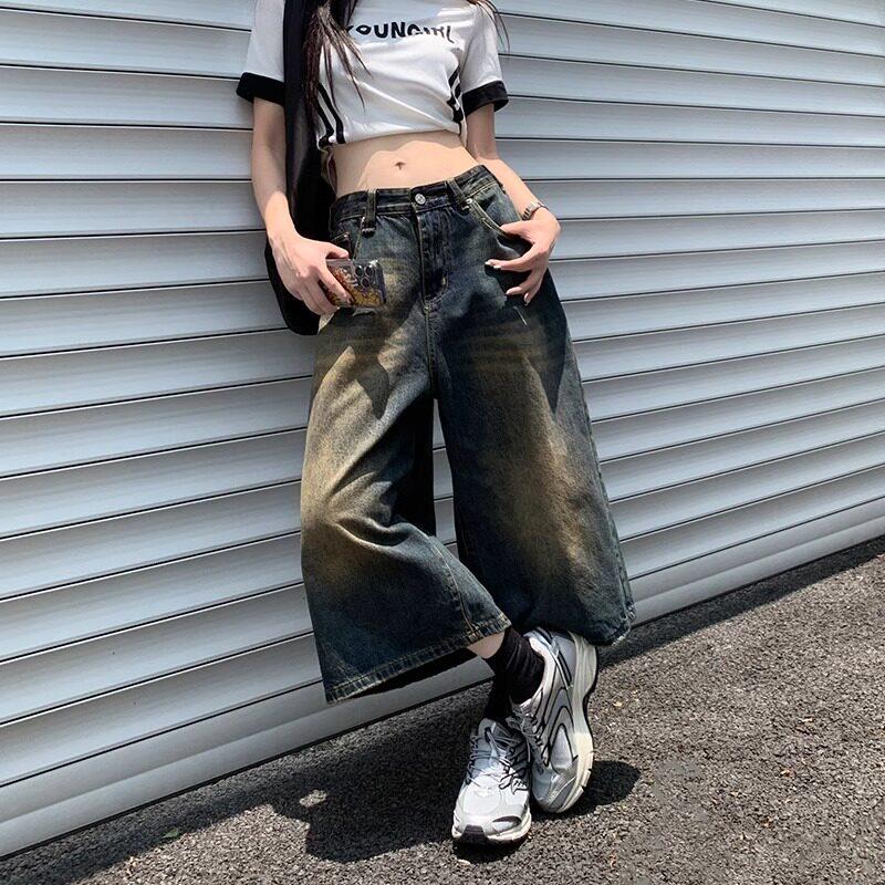 美式高街复古做旧阔腿牛仔裤女夏季直筒宽松高腰显瘦百搭七分裤子