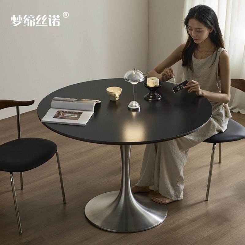 圆形餐桌覆古家用小户型不锈钢中古圆餐桌郁金香轻奢1米岩板圆桌