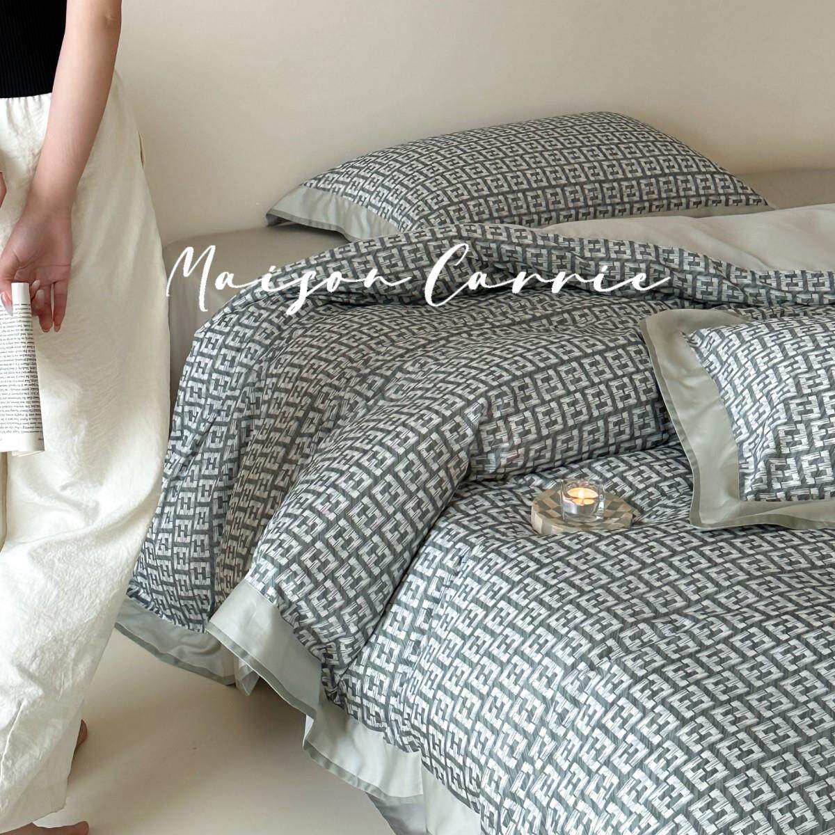 双F字母对称游离迷宫复古天丝棉床上四件套60S格纹印花被套床单夏