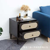 卧室家用储物柜 侘寂风民宿小柜子 木质斗柜现货藤编元 素床头柜