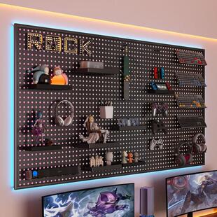 电竞房洞洞板黑色墙上置物WXR架房上方电脑桌面挂书板收墙纳铁隔