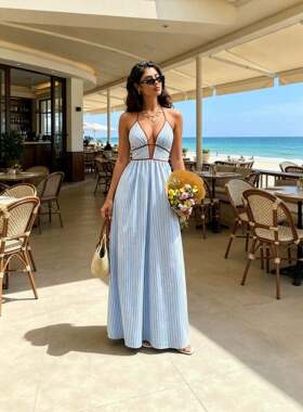 New summer 2026 deep V-neck striped vacation dress with