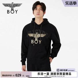 BOYLONDON秋冬男女同款烫金翅膀宽松黑色潮牌连帽套头卫衣N04011