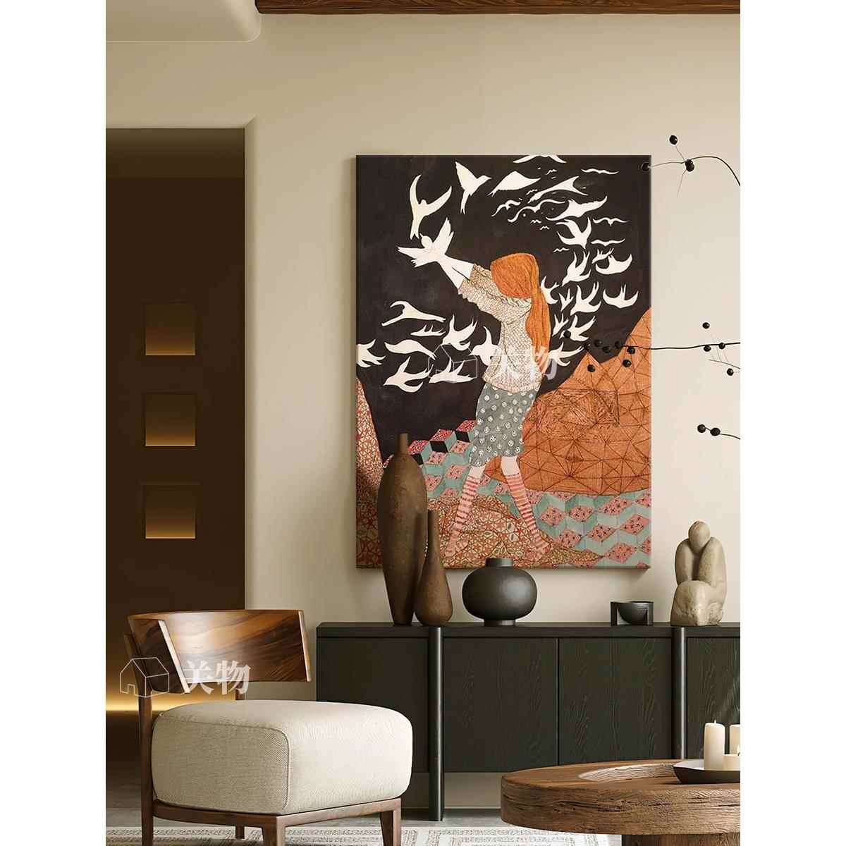 美式抽象人物复古手绘油画客厅玄关装饰画中古风餐厅走廊过道挂画图片