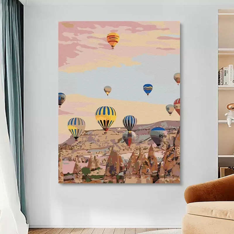 奶油风小众手绘油画热气球治愈系装饰壁画客厅卧室无边框玄关挂画