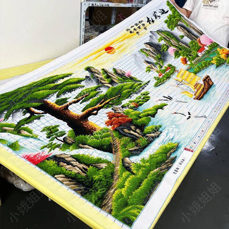 迎客松十字绣成品不带框纯手工出售已绣好2025新款客厅高端山水画
